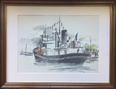 Jean LACHAUD - Thonier breton à quai - Dessin aux crayons de couleurs signé 2