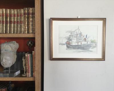 Jean LACHAUD - Thonier breton à quai - Dessin aux crayons de couleurs signé 2
