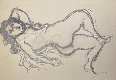 André COTTAVOZ - Nu allongé, 1974 - Dessin original au fusain signé et daté 2