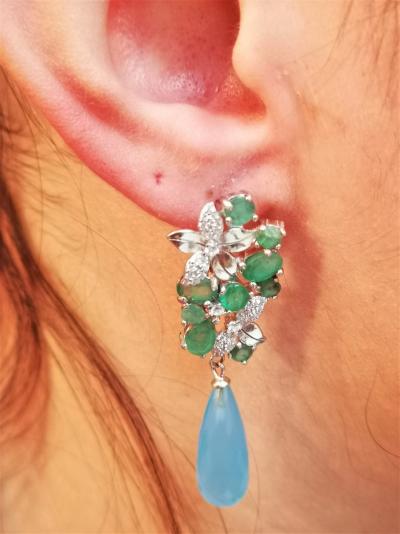 PAIRE de Boucles d oreilles en argent emeraudes agathe bleue et pierres blanches 2