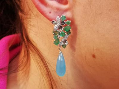 PAIRE de Boucles d oreilles en argent emeraudes agathe bleue et pierres blanches 2