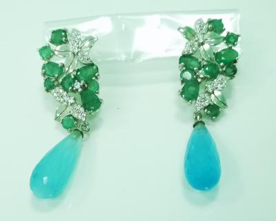 PAIRE de Boucles d oreilles en argent emeraudes agathe bleue et pierres blanches 2