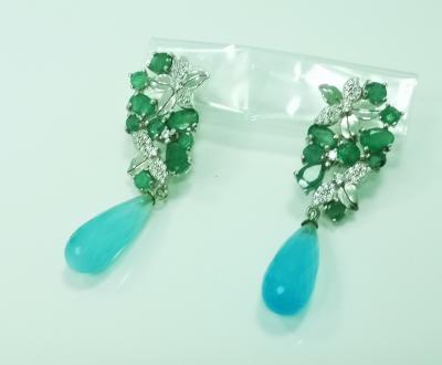 PAIRE de Boucles d oreilles en argent emeraudes agathe bleue et pierres blanches 2