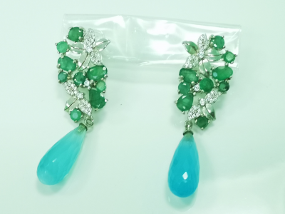 PAIRE de Boucles d oreilles en argent emeraudes agathe bleue et pierres blanches 2