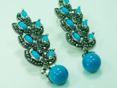 PAIRE de Boucles d oreilles turquoises et marcassites 2