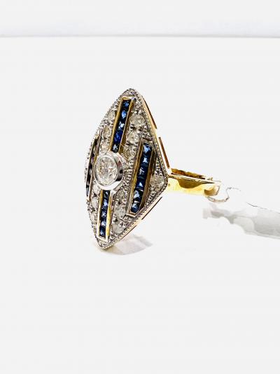 Bague diamant saphir en or jaune 18 ct, diamant 0,47 ct, saphir 0,60 ct, 5,6 g 2