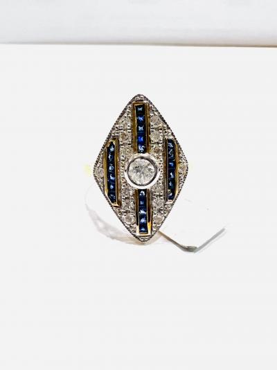 Bague diamant saphir en or jaune 18 ct, diamant 0,47 ct, saphir 0,60 ct, 5,6 g 2