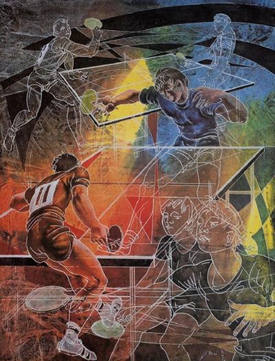 Hans Erni - Tennis de table / Table Tennis - Impression signée 2