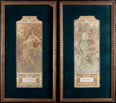 Alphonse MUCHA - Automne & Hiver, 1896 - Ensemble de 2 panneaux lithographiques décoratifs originaux sur papier, avec velours vert et cadres en bois 2
