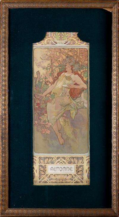 Alphonse MUCHA - Automne & Hiver, 1896 - Ensemble de 2 panneaux lithographiques décoratifs originaux sur papier, avec velours vert et cadres en bois 2