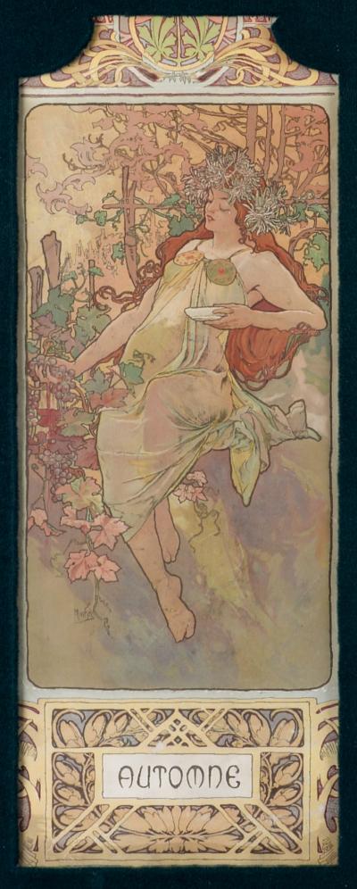 Alphonse MUCHA - Automne & Hiver, 1896 - Ensemble de 2 panneaux lithographiques décoratifs originaux sur papier, avec velours vert et cadres en bois 2