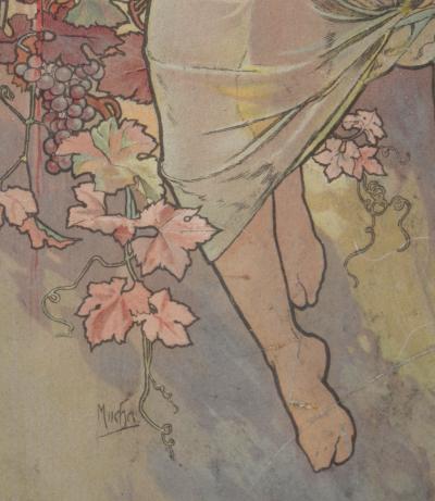 Alphonse MUCHA - Automne & Hiver, 1896 - Ensemble de 2 panneaux lithographiques décoratifs originaux sur papier, avec velours vert et cadres en bois 2