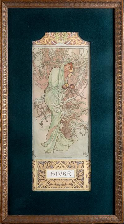 Alphonse MUCHA - Automne & Hiver, 1896 - Ensemble de 2 panneaux lithographiques décoratifs originaux sur papier, avec velours vert et cadres en bois 2