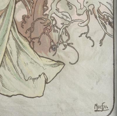 Alphonse MUCHA - Automne & Hiver, 1896 - Ensemble de 2 panneaux lithographiques décoratifs originaux sur papier, avec velours vert et cadres en bois 2