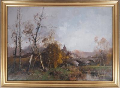 Eugène GALIEN-LALOUE - Pont en sortant du village - Huile sur toile, Signée 2