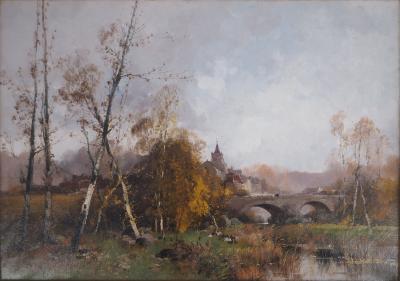 Eugène GALIEN-LALOUE - Pont en sortant du village - Huile sur toile, Signée 2