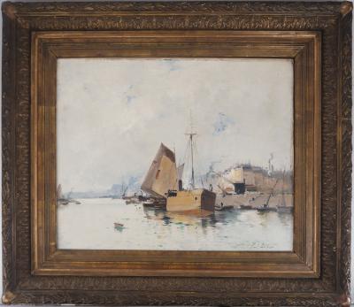 Eugène GALIEN-LALOUE - Bateaux sortant du port - Huile sur toile, Signée