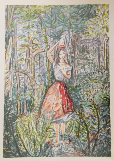 Louis TOUCHAGUES - Laitière et le pot au lait, 1961, Gravure sur bois 2