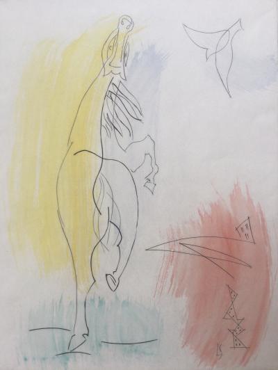 Léopold SURVAGE - Le cheval et l’oiseau, 1954 - Gravure réhaussée à l’aquarelle signée 2