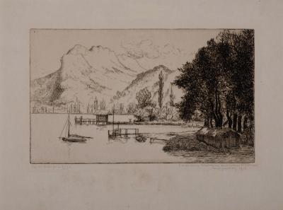 Louis GODEFROY - Vue de Duingt, 1918 - Gravure originale signée 2