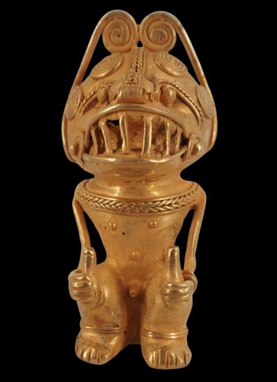 COLOMBIE Civilisation Taïrona - Shaman tenant des potions - Statuette en or tumbago