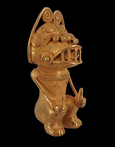 COLOMBIE Civilisation Taïrona - Shaman tenant des potions - Statuette en or tumbago 2