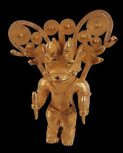 COLOMBIE Civilisation Taïrona - Shaman en costume de cérémonie - Statuette en or tumbago