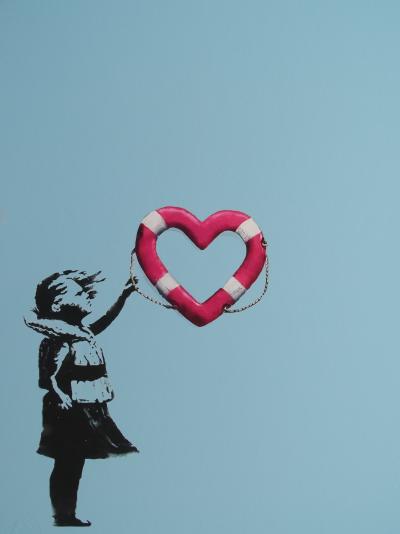 Banksy x Post Modern Vandal - Girl With Heart Shaped Float , (blue) 2021 - Estampe 2