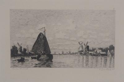 Claude MONET - Moulins en Hollande, 1873 - Gravure, signée 2