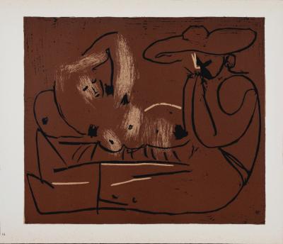 Pablo PICASSO (After) - Femme couchée et homme au grand chapeau, 1962 - Linogravure