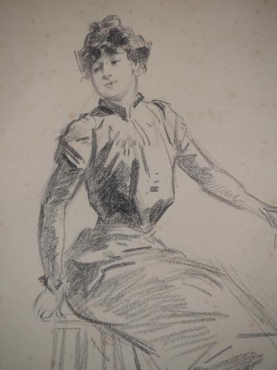 Jules CHERET - Modèle prenant la pose, c. 1900 - Dessin original, signé 2