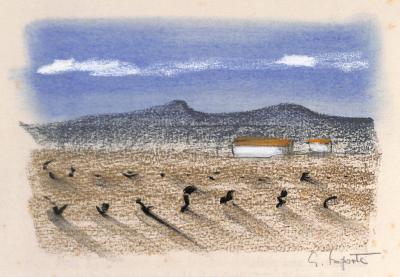 Georges LAPORTE  - Champ aride au pied de la colline, 1974 - Dessin original au pastel signé 2