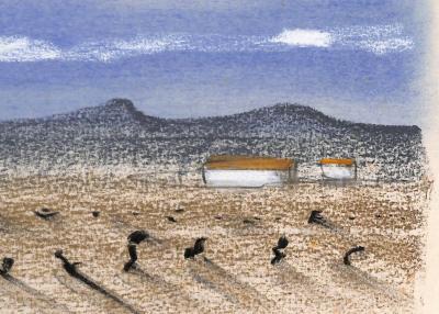 Georges LAPORTE  - Champ aride au pied de la colline, 1974 - Dessin original au pastel signé 2