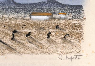Georges LAPORTE  - Champ aride au pied de la colline, 1974 - Dessin original au pastel signé 2