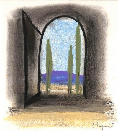 Georges LAPORTE  - Les cyprès et la colline, 1974 - Dessin original au pastel signé 2