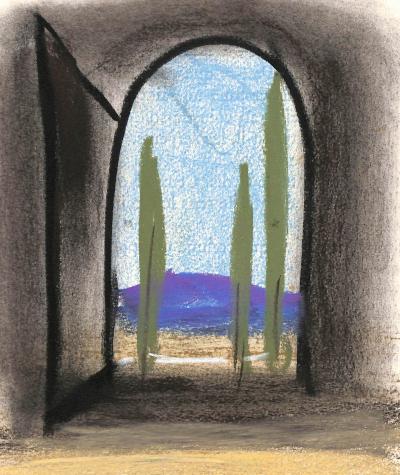 Georges LAPORTE  - Les cyprès et la colline, 1974 - Dessin original au pastel signé 2