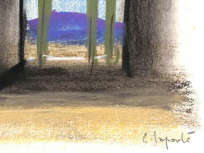 Georges LAPORTE  - Les cyprès et la colline, 1974 - Dessin original au pastel signé 2