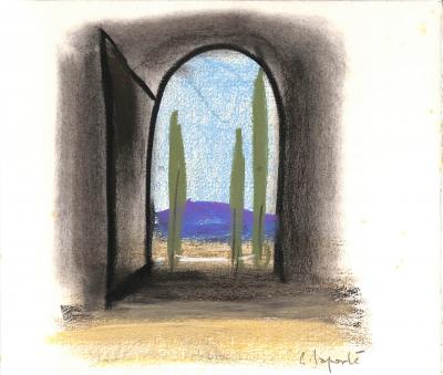 Georges LAPORTE  - Les cyprès et la colline, 1974 - Dessin original au pastel signé 2