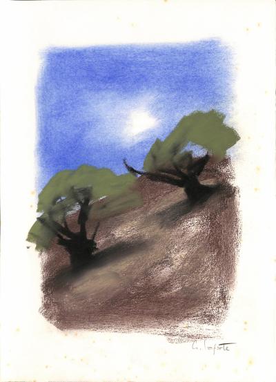 Georges LAPORTE  - Oliviers à flanc de coteaux, 1974 - Dessin original au pastel signé 2