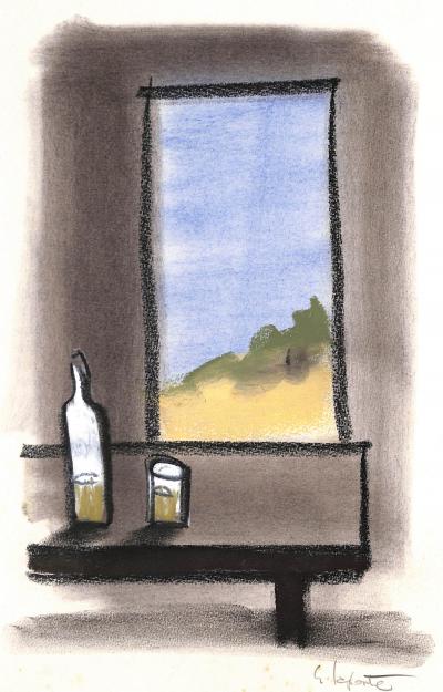 Georges LAPORTE  - Apéritif à la fenêtre, 1974 - Dessin original au pastel signé 2