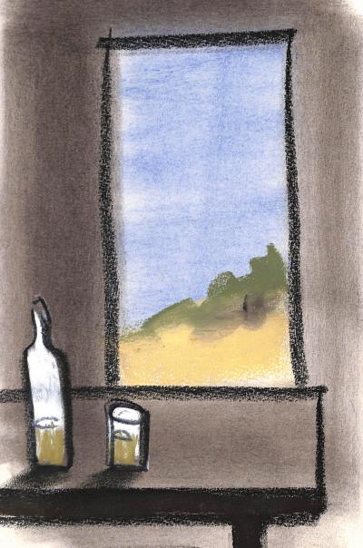 Georges LAPORTE  - Apéritif à la fenêtre, 1974 - Dessin original au pastel signé 2
