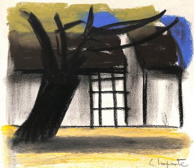 Georges LAPORTE  - A l'ombre du platane, 1974 - Dessin original au pastel signé 2