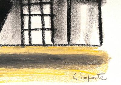 Georges LAPORTE  - A l'ombre du platane, 1974 - Dessin original au pastel signé 2