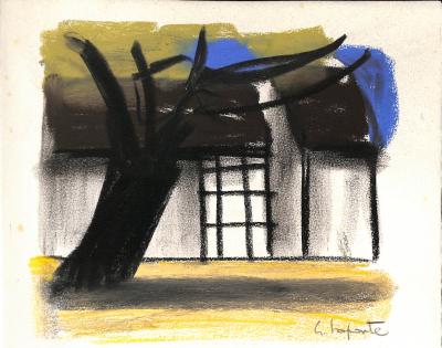 Georges LAPORTE  - A l'ombre du platane, 1974 - Dessin original au pastel signé 2