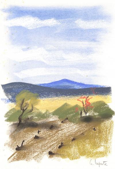 Georges LAPORTE  - Face à la colline, 1974 - Dessin original au pastel signé 2