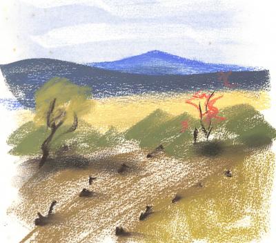Georges LAPORTE  - Face à la colline, 1974 - Dessin original au pastel signé 2