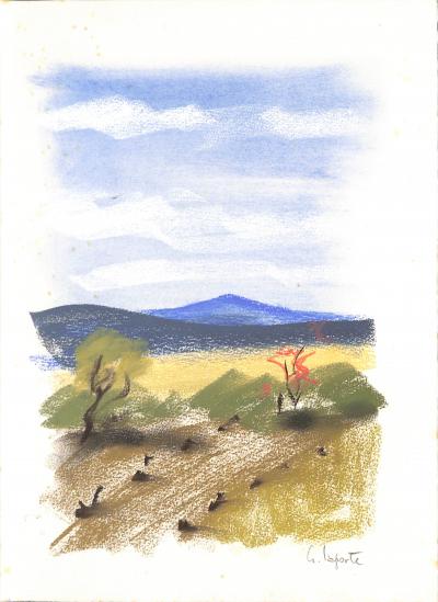 Georges LAPORTE  - Face à la colline, 1974 - Dessin original au pastel signé 2