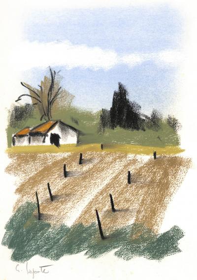 Georges LAPORTE  - Les champs des Bastides, 1974 - Dessin original au pastel signé 2