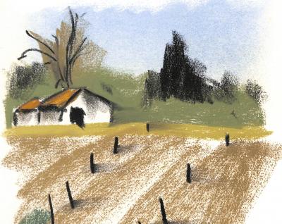 Georges LAPORTE  - Les champs des Bastides, 1974 - Dessin original au pastel signé 2