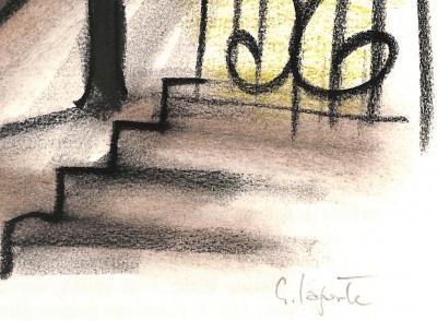 Georges LAPORTE  - L'ombre et la grille, 1974 - Dessin original au pastel signé 2